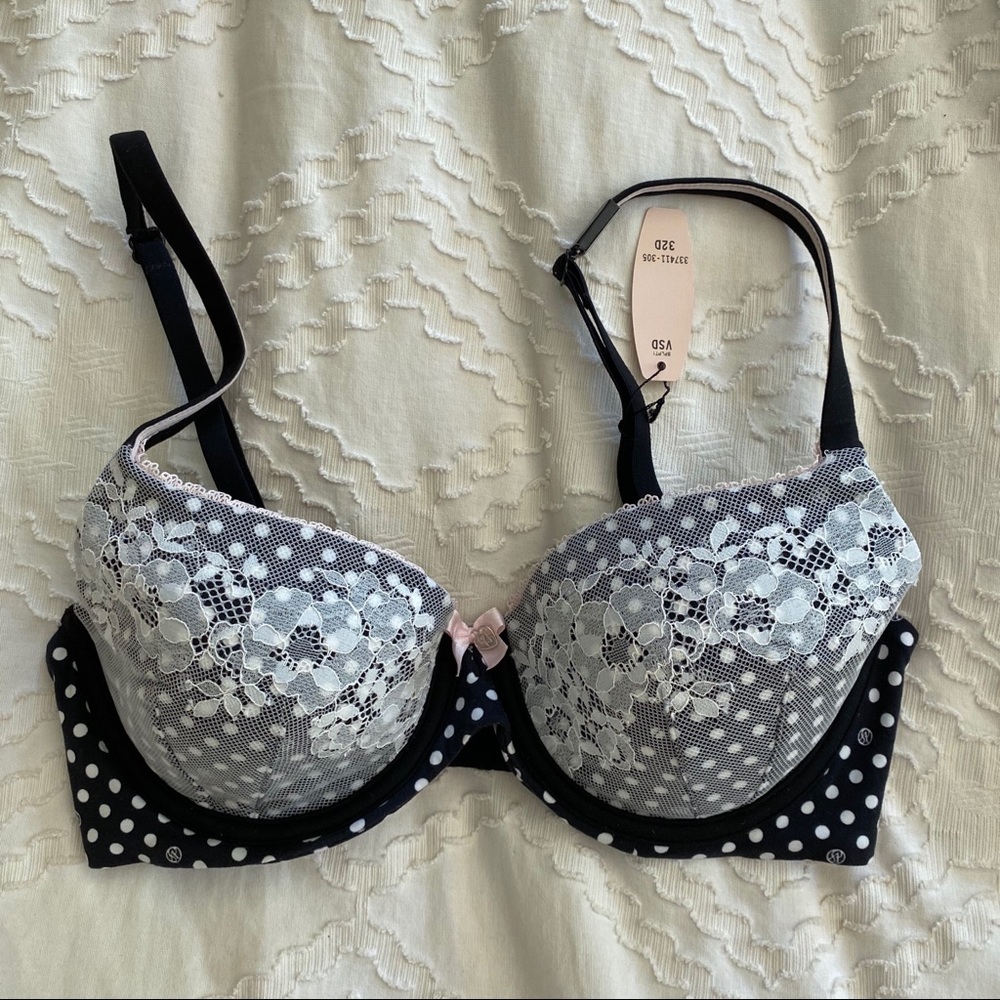 Victoria's Secret Black and White Lace Polka Dot Bra with bow and pink trim